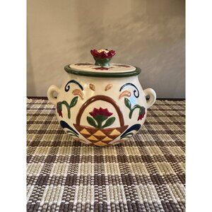 Vintage Jim Shore Ceramic Floral Handled Jar With Lid Folk Primitive Style